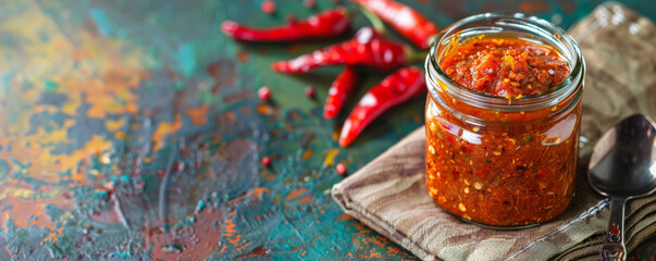 A jar of spicy condiment resting on a napkin, with a chili pepper and a spoon arranged on a vibrant color background.