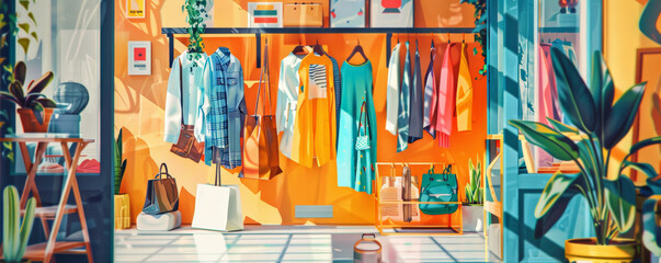 A vibrant depiction of a zero waste fashion boutique. Clothes made from recycled materials, reusable shopping bags, and eco-friendly accessories are displayed, promoting sustainable fashion choices.