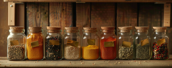 A collection of whole and ground spices in glass jars, displayed on a wooden shelf with labels.