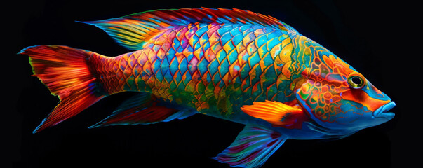 A vibrant parrotfish in motion, its bright colors and intricate patterns highlighted against a black background. The fish's smooth, graceful movements create a stunning and elegant visual display.