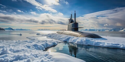 A nuclear submarine navigating through icy waters in the Arctic Ocean, nuclear, submarine, Arctic, ocean, ice