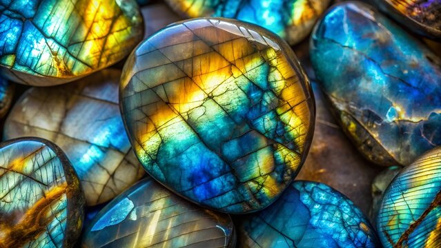 A closeup image of a group of labradorite stones revealing their iridescent and colorful patterns