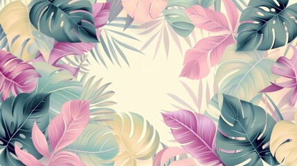 A colorful tropical scene with a white background. The leaves are green, pink, and yellow. The image is of a tropical forest with a lot of foliage