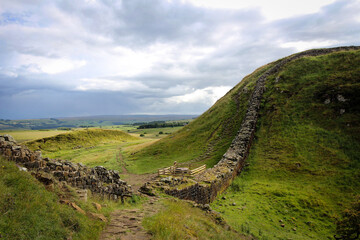 Hadrian Wall view by cloudy noon, Northern England