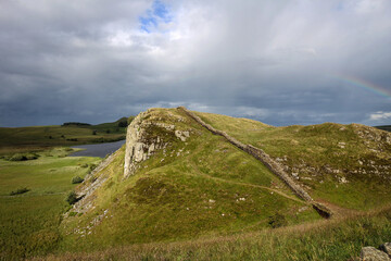 Hadrian Wall view by cloudy noon, Northern England