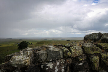 Hadrian Wall view by cloudy noon, Northern England