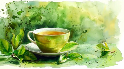 Freshly brewed green tea in a cup, detox drink, watercolor style, isolated on white background