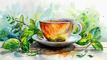 Freshly brewed green tea in a cup, detox drink, watercolor style, isolated on white background