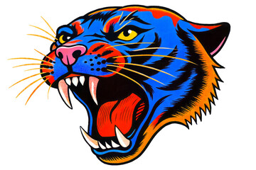 Fototapeta premium Digital illustration with light texture of blue tiger head with open mouth revealing sharp teeth. Aggressive wild cat print, png