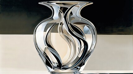  A black-and-white striped vase rests on a table against a backdrop of alternating black-and-white stripes