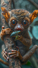 Close-up of a Philippine tarsier (Tarsius syrichta) on a tree in a clear jungle eating a caught insect in the island of Bohol, Philippines