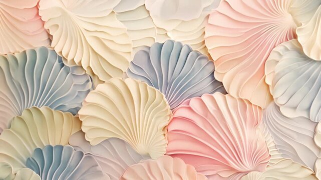 The gentle rippling textures of fan shells create a whimsical and soothing pattern in this design with a pastel color scheme that evokes a sense of calm and tranquility.