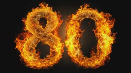 Number 80 made of fiery flames on black background. Hot orange blaze. rendering, fire, flames, number 80, hot, orange