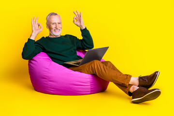 Full size photo of nice senior man sit bean bag netbook show okey dressed stylish green clothes isolated on yellow color background