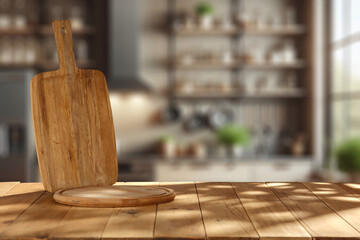 Wooden table background with wooden cutting board with space for products. Blurred kitchen interior...