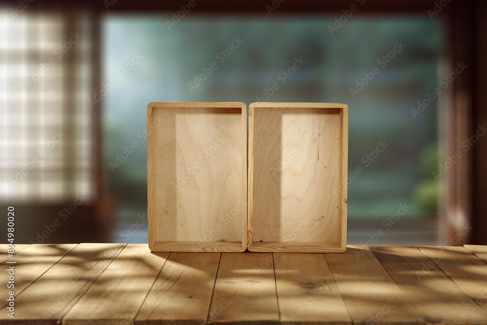 Canvas Prints wooden table background with wooden box with space for text and products. blurred kitchen interior a