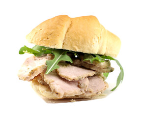 Sandwich of Porchetta, savory and boneless pork roast of Italian culinary tradition, on white background. Street food.