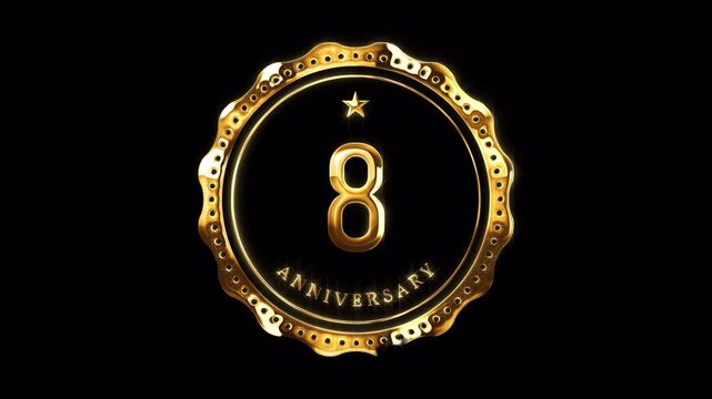 8th Anniversary Celebration. Happy 8 Years Anniversary Animation in Gold Color on the Transparent Background, Alpha Channel. Great for greetings, celebrations, events, and gifts.