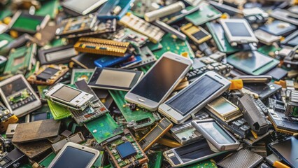 Close up of a pile of old electronic waste like phones and batteries for recycling , e-waste, electronic