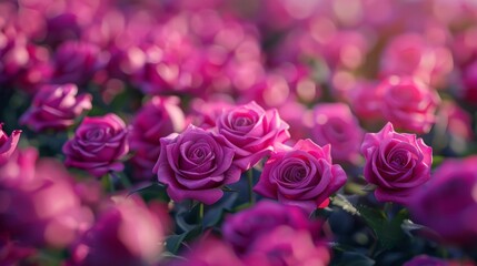 A vibrant field of pink roses in full bloom. Beautiful and fresh garden with a bokeh background. Perfect for floral enthusiasts and nature lovers.