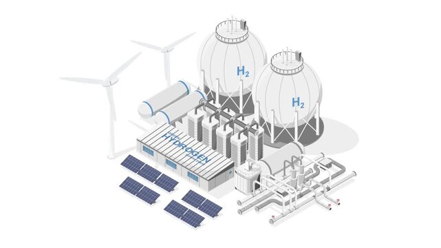 Green hydrogen simple power plant concept with solar cell and wind turbine energy for h2 semi truck transporter ecology powerhouse electricity isometric vector isolated