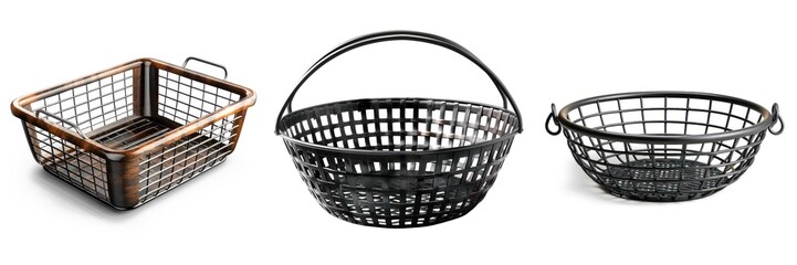 A collection of three stylish woven baskets, perfect for storage or decoration in any room. Ideal for organization and home decor.