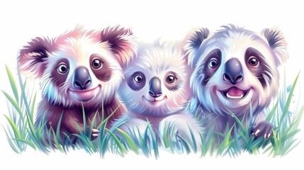 Fototapeta premium Three baby sloths are sitting in a field of grass. They are all smiling and looking at the camera