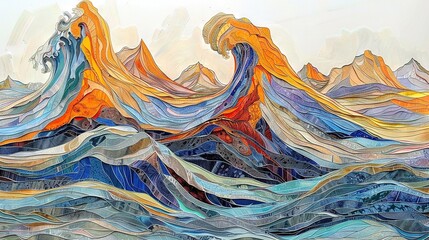   A mountain with a wave emerging from its peak and a sky in the background