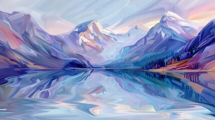   A stunning painting captures a mountain range with a serene lake in the foreground and majestic peaks in the background