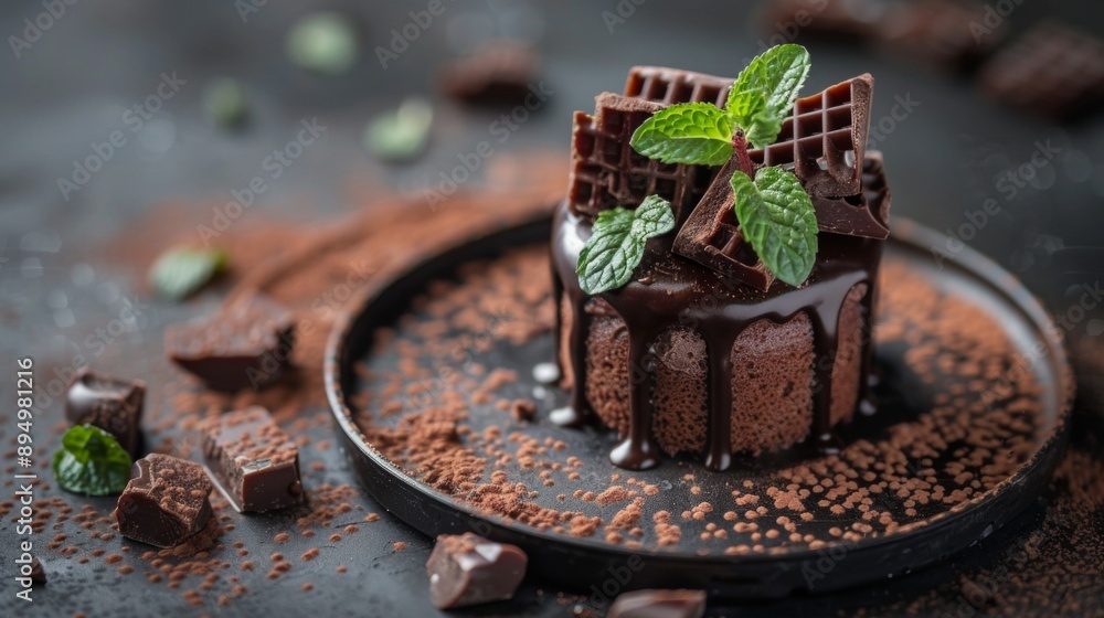 Sticker Delicious chocolate dessert garnished with mint leaves and chocolate wafers. Artistic food photography perfect for culinary blogs, restaurant menus, or dessert advertisements. AI