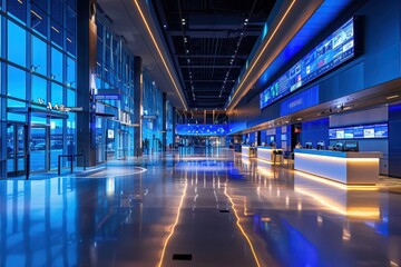 A large, empty, and bright blue room with a white counter