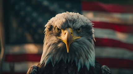 Portrait of an American Eagle against an American flag
