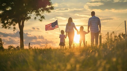 A patriotic American family walks together towards the sunset holding an American flag