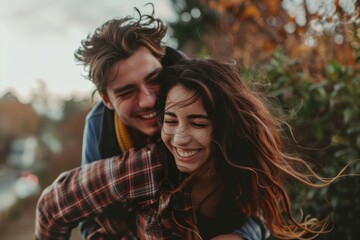 Fototapeta premium Portrait of a jovial couple in their 30s piggybacking