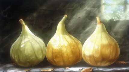 Obraz premium Three yellow onions sit together on a windowsill, facing the window