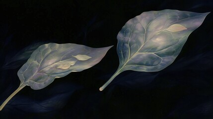   Two green leaves on black canvas, with white spot on one end and dark tip on the other