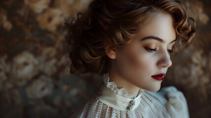 Fototapeta premium Woman with Vintage Style: A woman dressed in vintage clothing, her hair and makeup reflecting a bygone era. 