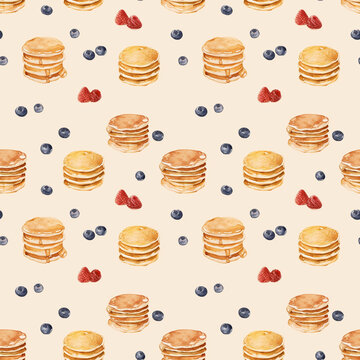 Seamless pattern with pancakes and fresh berries on cream background.	