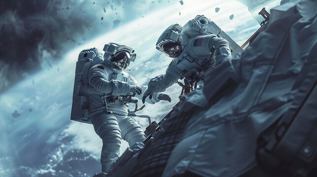 a scene of astronauts working on a space station - Powered by Adobe