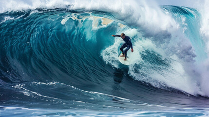 A surfer riding a huge wave.