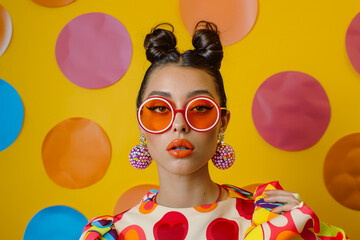 Woman with retro sunglasses and orange lipstick in front of colorful circles, pop art style portrait