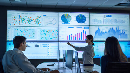 Fototapeta premium data analysts working with complex visualizations on large screens