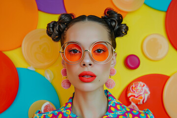 Woman with retro sunglasses and orange lipstick in front of colorful circles, pop art style portrait