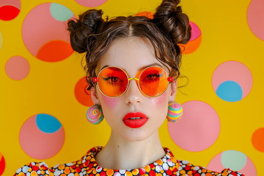 Woman with retro sunglasses and orange lipstick in front of colorful circles, pop art style portrait - Powered by Adobe