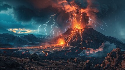 Volcano landscape with lightning and thunderclouds