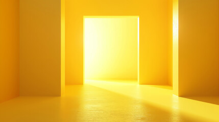 a yellow gradient background. In the middle ground is a white standup. Cinematic light 