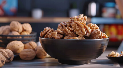   A bowl of walnuts sits on a table next to two bowls of walnuts