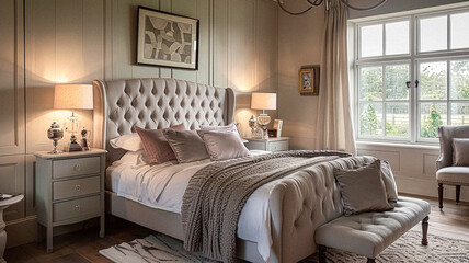 Fototapeta premium Bedroom decor, interior design and home decor, bed with elegant bedding and bespoke furniture, English country house, holiday rental and cottage style inspiration