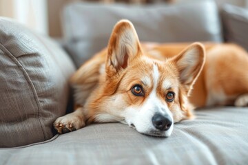 A dog is laying on a couch with its head on a pillow