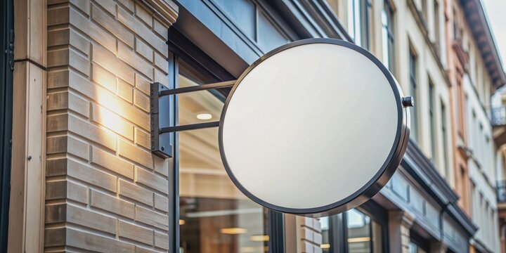 Blank round shop signboard outside a shop, mockup, white, empty, circular, storefront, street, advertising, display